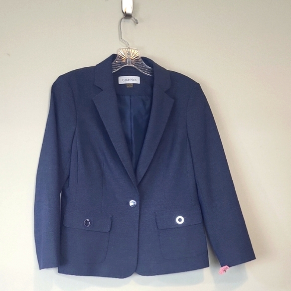 CALVIN KLEIN Blue Vicose Blend Notched Lapel Silvertone Grommet Detail Blazer - Picture 7 of 14